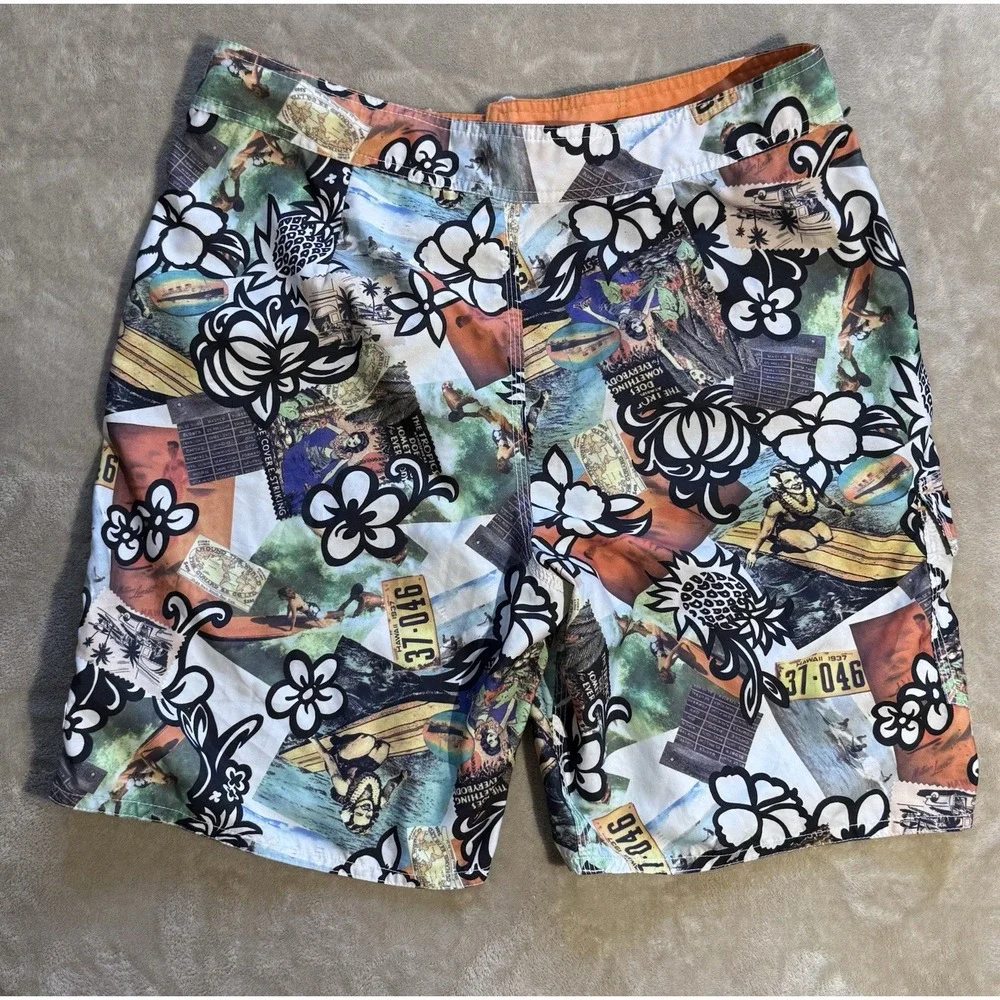 Solitude Boardshorts Mens 34 Hawaii License Plate Floral Print Drawstring Trunks